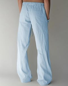 Pantalon large en lin bleu clair pour homme, taille élastique avec cordon de serrage, décontracté, respirant, pour l'été, avec poches latérales - Product Image 2