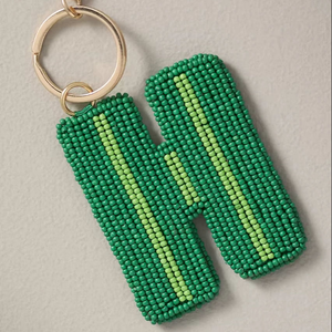 Dark Green Striped Initial Letter H <b>Seed</b> Bead Embroidery Keychain Handmade Preppy Style Gold Metal Clasp Bag Charm Personal Gift - Product Image 1