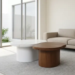 Juego de Mesas de Centro Ovaladas Modernas de Mármol y Madera, Diseño Minimalista, Mesas Encajables, Acabado Natural - Product Image 4