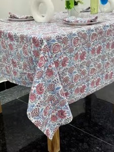 Indian Block Print Handmade Dining <b>Tablecloth</b> White Pink Flower Design Custom Size Cloth for Home Decor Farmhouse Style - Product Image 5