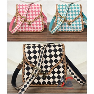 Bolsos de Mensajero para Mujer, Diseño a Cuadros Estilo Bohemio Occidental 2026, Cuero Premium Hecho a Mano, Color Rosa y Blanco - Product Image 1