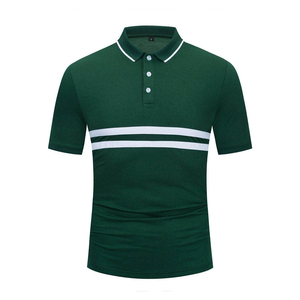 Men's Green Short Sleeve <b>Polo</b> <b>Shirt</b> Knitted Striped Casual Style with White Trim - Product Image 1