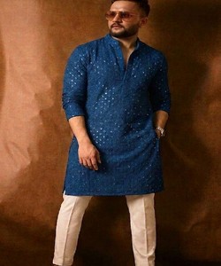 Men's Blue Salwar Traditional Ethnic Wear Indian Pakistani Casual Style Regular <b>Knee</b>-Length Embroidered Rayon Party <b>High</b>-quality - Product Image 1