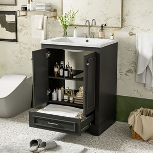 Mobile Bagno Moderno Freestanding da 24 Pollici con Lavabo in Ceramica, Mobiletto Contenitore con Chiusura Ammortizzata e Maniglie Argento - Product Image 4