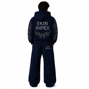 Ensemble de survêtement de luxe pour homme avec strass, sweat à capuche zippé et pantalon de jogging, logo personnalisé, vente en gros OEM, fabricant de streetwear haut de gamme - Product Image 2