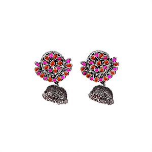 Floral Oxidised Big Drop Jhumka Earrings with Pearl Gold Plated Zinc Alloy for Wedding - Product Image 2
