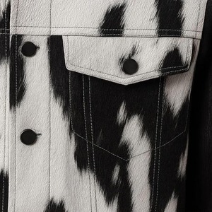 Men's Real Cowhide Leather Canvas <b>Jacket</b> Hair Hide Stand Collar Black Grey Speckled Print <b>Western</b> Trucker Coat Vintage Outerwear - Product Image 3