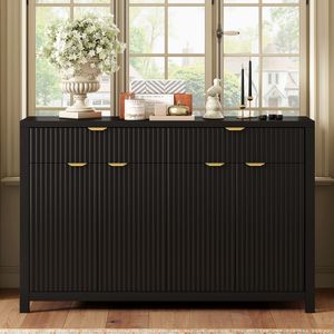 Buffet moderne style scandinave à motifs ondulés, 2 tiroirs, 4 portes, étagères réglables à 3 niveaux, poignées en arc en aluminium - Product Image 1