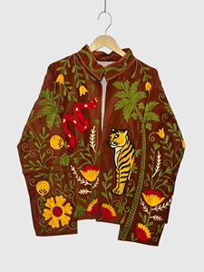 Floral Embroidered Velvet Safari Jacket Mandarin Collar Full Sleeve Plus Size Women'<b>s</b> Autumn Style - Product Image 1
