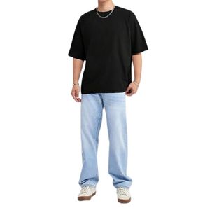 Camiseta Negra Lisa para Hombre, Cuello Redondo, Hombros Caídos, Algodón de Calidad de Exportación, Doble Costura, Camisetas Básicas Premium para Hombre - Product Image 3