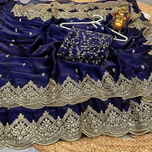 Reglance Pure pour Saree en Chiffon avec Pallu et Bordure Aarco brodés de Zari et de sequins de 3 mm, séchage rapide, meilleure tenue pour femme pour mariage/fête - Product Image 1