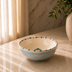 Handcrafted Ceramic Dessert Bowl with Pastel Rim Detailing Smooth Curved Shape and Elegant Glazed Texture - Product Image 1