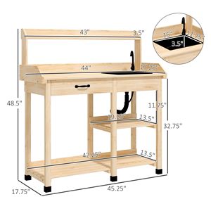 Legno naturale giardino esterno panca tavolo con lavandino rimovibile rubinetto cassetto scaffali e ganci postazione di lavoro - Product Image 3