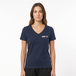 T-shirt en coton bleu marine à col en V pour femme, manches courtes, avec logo imprimé, style décontracté, vente en gros - Product Image 1