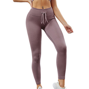 Women Ribbed Leggings Seamless Drawstring Jogging Yoga <b>Tights</b> Flexible and Quick Dry - Product Image 2