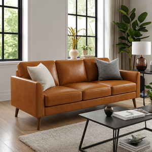 Modern Genuine Leather Three Seat <b>Sofa</b> With Wood Legs Tight Back Straight Arms Midcentury Living Room Furniture Leather <b>Sofa</b> - Product Image 1