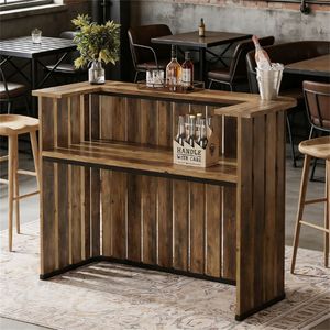 Table de bar de style farmhouse avec étagère à double niveau et design en forme de U - Product Image 4
