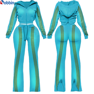 Conjunto de Sudadera con Capucha y Cremallera con Franja Lateral en Contraste y Logotipo Personalizado para Mujer, Pantalones Acampanados, Ropa Deportiva, Conjunto de Sudadera con Capucha, Ropa Urbana - Product Image 6