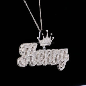 Collier de luxe personnalisé Henny Script en moissanite certifiée GIA, en argent sterling 925 plaqué or, avec nom couronné, taille brillant, style Hip Hop - Product Image 1