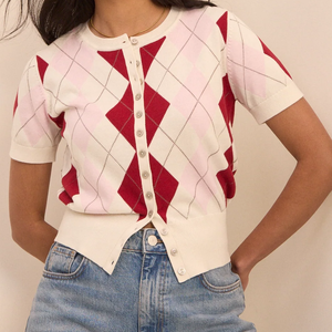Cardigan à manches courtes pour femme, motif Argyle, col boutonné, 100% acrylique, style preppy, toutes saisons, coupe classique - Product Image 4