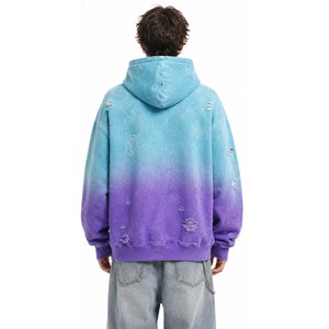 Sweat-shirt à capuche tie-dye bleu violet, pull en tricot déchiré avec poche avant, streetwear - Product Image 3