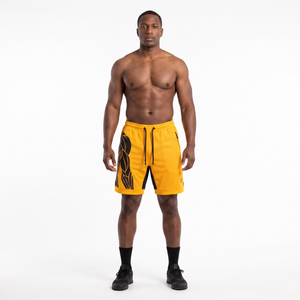 Shorts d'entraînement fonctionnels pour hommes en maille technique OEM personnalisés, polyester/coton, couleur safran acide, pour fitness et haltérophilie - Product Image 1