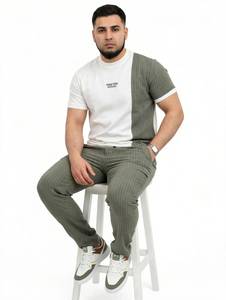 ONETEN APPAREL Ensemble de t-shirts à col rond pour homme, couleur contrastée, hiver, avec pantalon rayé, tenue décontractée en deux pièces - Product Image 1