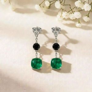 Luxury Emerald Cushion Cut & <b>Black</b> Obsidian Round Drop Earrings With CZ Elegant Gemstone Stud Dangle Earrings Minimalist Earring - Product Image 3