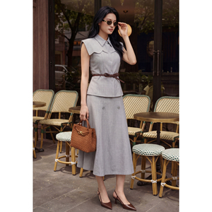 ODM OEM Women's Elegant Gray Button Woven Sailor Collar Tailored <b>Blouse</b> Sleeveless Office Chic Top Polyester Spandex MELA - Product Image 2