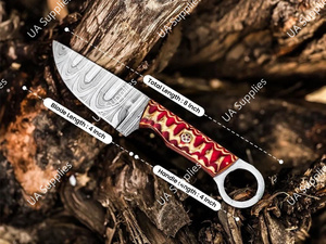 มีดแค้มปิ้งใบตายเหล็กดามัสกัสทำมือ คุณภาพสูง คมกริบ พร้อมรูสำหรับนิ้วมือ ด้ามไม้ปักก้า หุ้มหนัง - Product Image 3