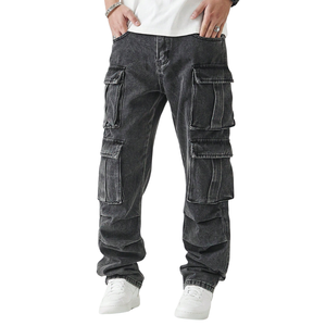 Pantalones Cargo de Mezclilla Negros Lavados para Hombre, Corte Relajado, Multibolsillos, Pierna Recta, Jeans Utilitarios, Pantalones Casuales de Estilo Urbano para Uso Diario - Product Image 1