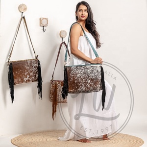 Unique Western Style Tooled Hair On Hide Fur Leather Fringe <b>Tote</b> Bag Women Embossed Color Print Fur Leather Vintage Underarm Bag - Product Image 1
