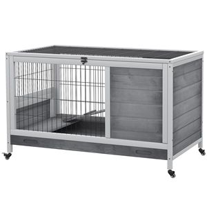 Indoor <b>Rabbit</b> Enclosure Large Wooden Elevated <b>Cage</b> Habitat with No Leak Tray Wheels Gray for <b>Rabbits</b> & Guinea Pigs - Product Image 1