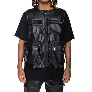 Chaleco de Cuero PU con Bolsillos Cargo, Bolsillos con Cremallera 3D, Forro de Malla Negra, Chaleco de Cuero para Hombre, Chaleco de Motocicleta a la Moda - Product Image 1