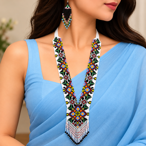 Collier ethnique fait main en perles de verre pour femmes, motif géométrique coloré, long pendentif, bijoux tendance - Product Image 1