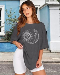 T-shirt décontracté en jersey de coton gris à imprimé soleil et lune pour femme, coupe ample, col rond, manches courtes, printemps-été - Product Image 2