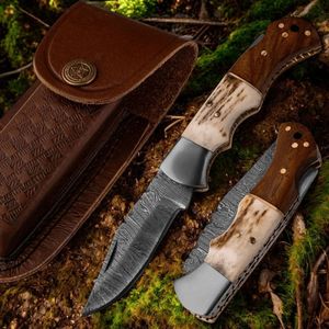 Couteaux de chasse pliants de style personnalisé avec lame en acier à motifs, manche en métal artistique et étui en cuir pour le camping - Product Image 1