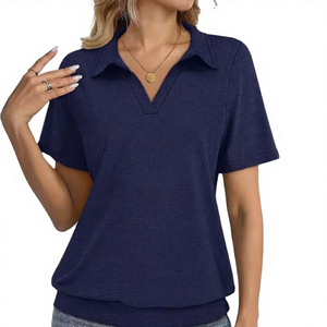 V-Neck for Polo Shirt New Design Knitted Jersey Women's Plus Size Summer Casual Shirts Breathable Eco-Friendly 100% Cotton Front - Product Image 1