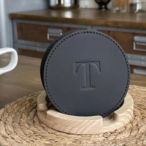Genuine Leather Coasters with Anti Slip Base Luxury <b>Table</b> <b>Protection</b> Mat Round Cowhide Cup Pad Set of Four GLC-0081 - Product Image 1
