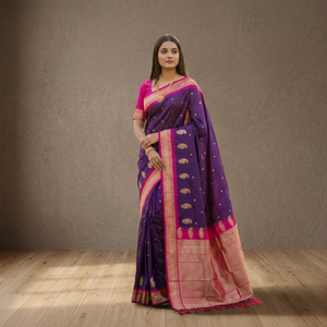 Sari en soie Banarasi violet avec bordure rose et travail de tissage Zari, avec un pallu riche, style traditionnel indien pour femmes - Product Image 1