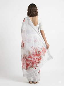 Sari de Lino y Algodón con Estampado Floral Blanco para Mujer, Elegante, Informal, Corte Regular, Largo hasta el Suelo, para Todas las Temporadas, Bengala Occidental, India - Product Image 3