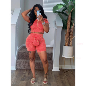 Women's Acid Wash Sets High-Waisted O-Neck Casual Fashionable Summer Polyester Above <b>Knee</b> Length Skinny Fit Workout washed Sets - Product Image 4
