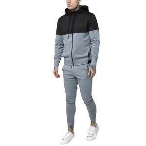 Chándal con Capucha para Hombre, Color Gris y Negro, Bloques de Color, Manga Larga, Cierre de Cremallera, Informal, para Correr, Transpirable, de Poliéster y Algodón, Corte Ajustado - Product Image 1