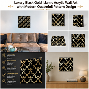 Arte de Pared Acrílico Islámico Negro y Dorado de Lujo con Diseño Moderno de Cuatro Hojas - Product Image 3