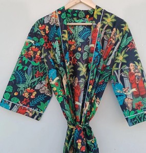 Robe Kimono Faite Main Imprimée pour Femme, Robe de Salon en Coton, Kimono Imprimé Numérique, Robe Cache-Cœur Tissée, Vêtement d'Intérieur, Robe de Demoiselle d'Honneur, Tenue de Plage - Product Image 1
