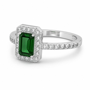 Bague de fiançailles de luxe en or 10K, 14K, 18K et argent sterling 925, 935 avec pierre précieuse verte taille émeraude et pierres latérales rondes - Product Image 2