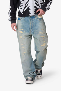 Jeans en denim pour homme de haute qualité, personnalisés, bleu délavé vintage, déchirés, coupe large, style streetwear, hip-hop, Y2K, OEM ODM, coton - Product Image 1