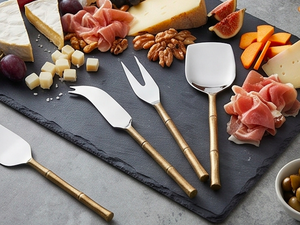 Juego de cuchillos para queso con mango dorado, 4 piezas, espátula y tenedor de acero inoxidable para tabla de charcutería - Product Image 1