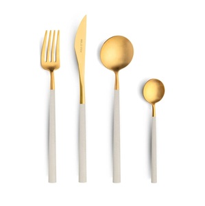 Juego de Cubiertos Belo Inox de 4 Piezas en Oro Mate con Mangos Blancos, Tenedor, Cuchillo y Cuchara Modernos para Cena, Acero Inoxidable con Acabado Espejo - Product Image 1