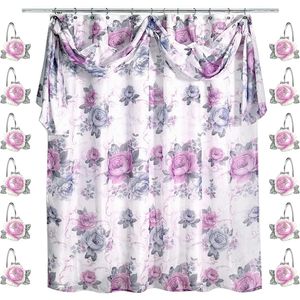 Set di 12 Pezzi per Tenda Doccia Moderna Classica di Lusso con Motivi Floreali e Ganci per Bagno, Arredo Bagno Contemporaneo - Product Image 1